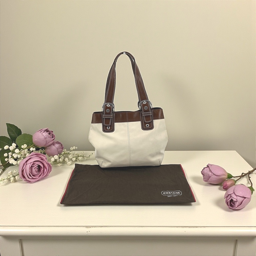 Coach Leather Tote Handbag White Brown Buckle Detail Shoulder‎ Bag